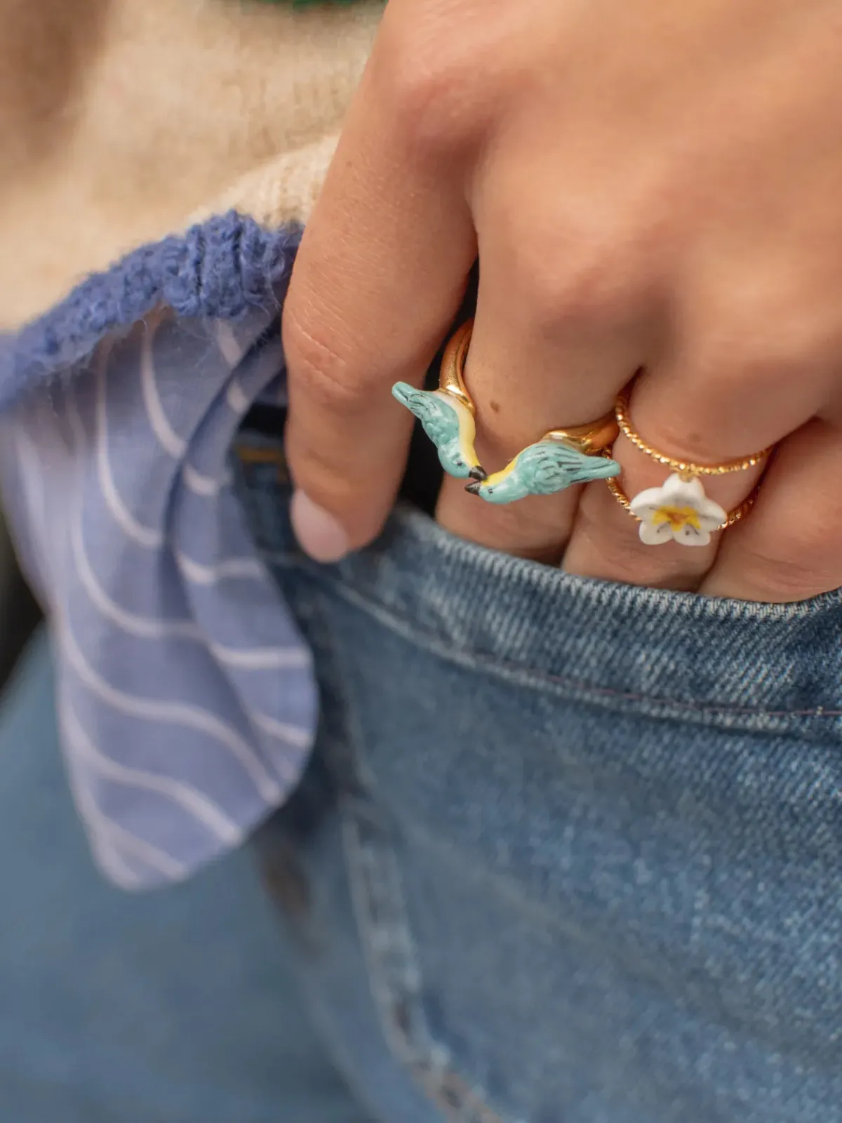 Bague FaceToFace oiseaux Parulines bleues>NACH BIJOUX Discount