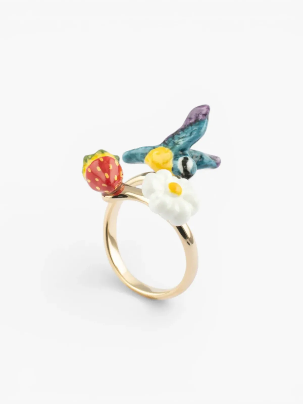 Bague mésange, fleur et fraise>NACH BIJOUX Outlet