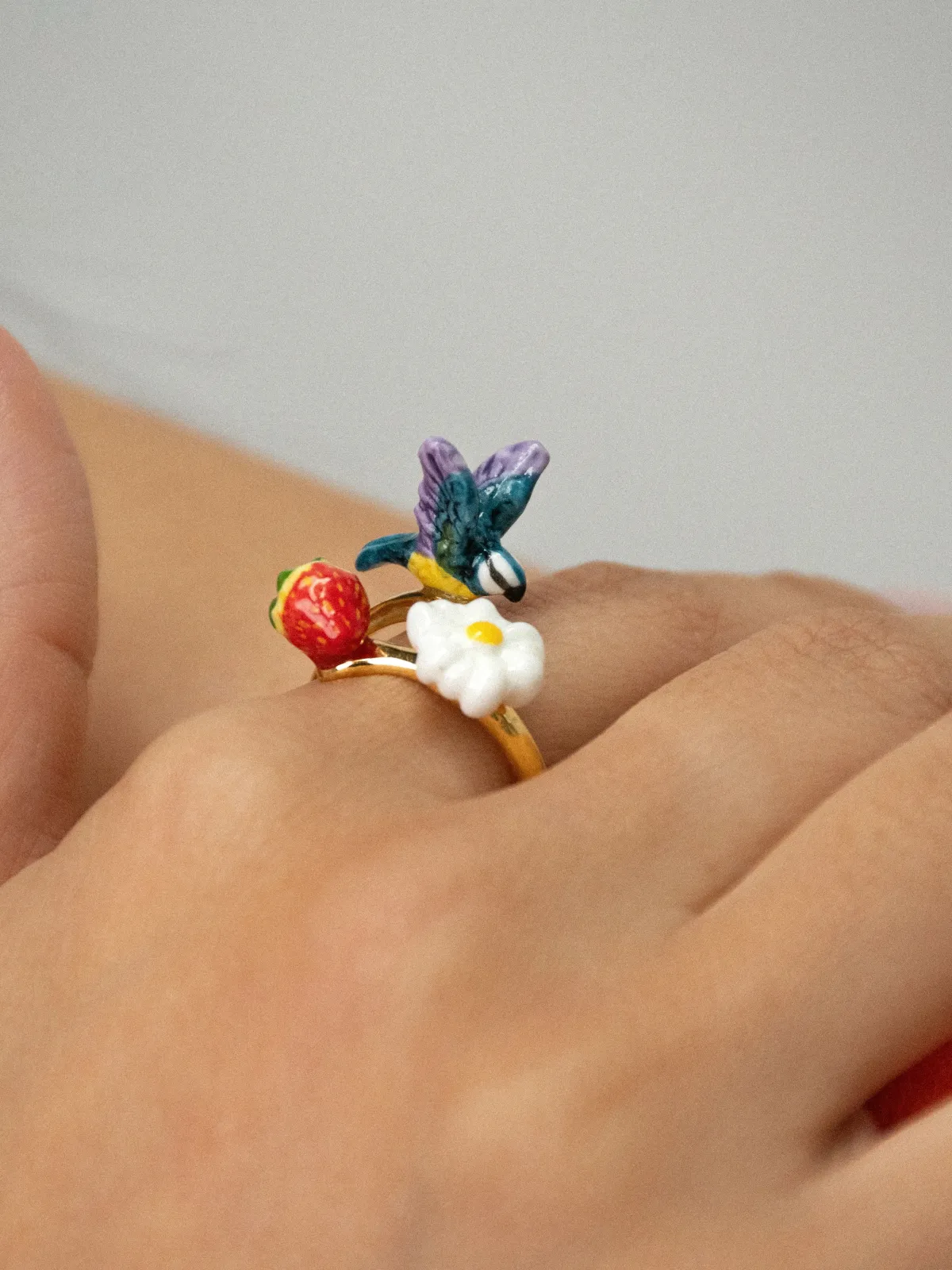Bague mésange, fleur et fraise>NACH BIJOUX Outlet
