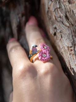 Bague oiseau et chardons roses>NACH BIJOUX New