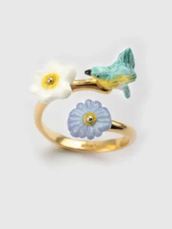 Bague Oiseau Paruline Bleue et Fleurs><noscript><img width=
