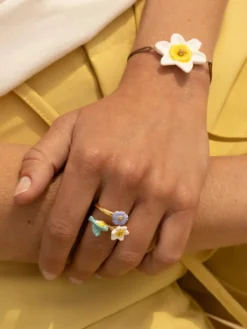 Bague Oiseau Paruline Bleue et Fleurs><noscript><img width=
