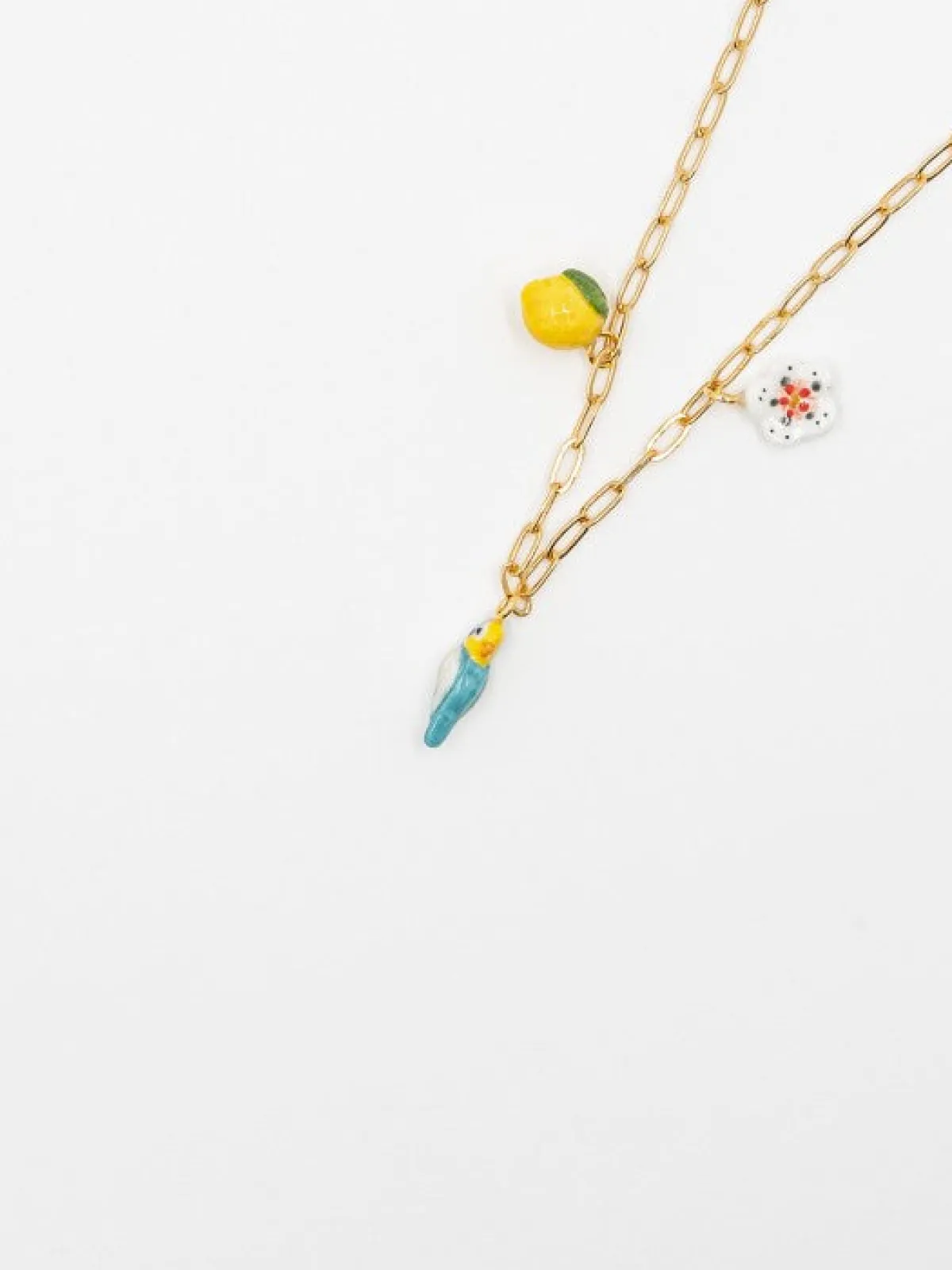 Blue parakeet, lemon and flower necklace>NACH BIJOUX Online