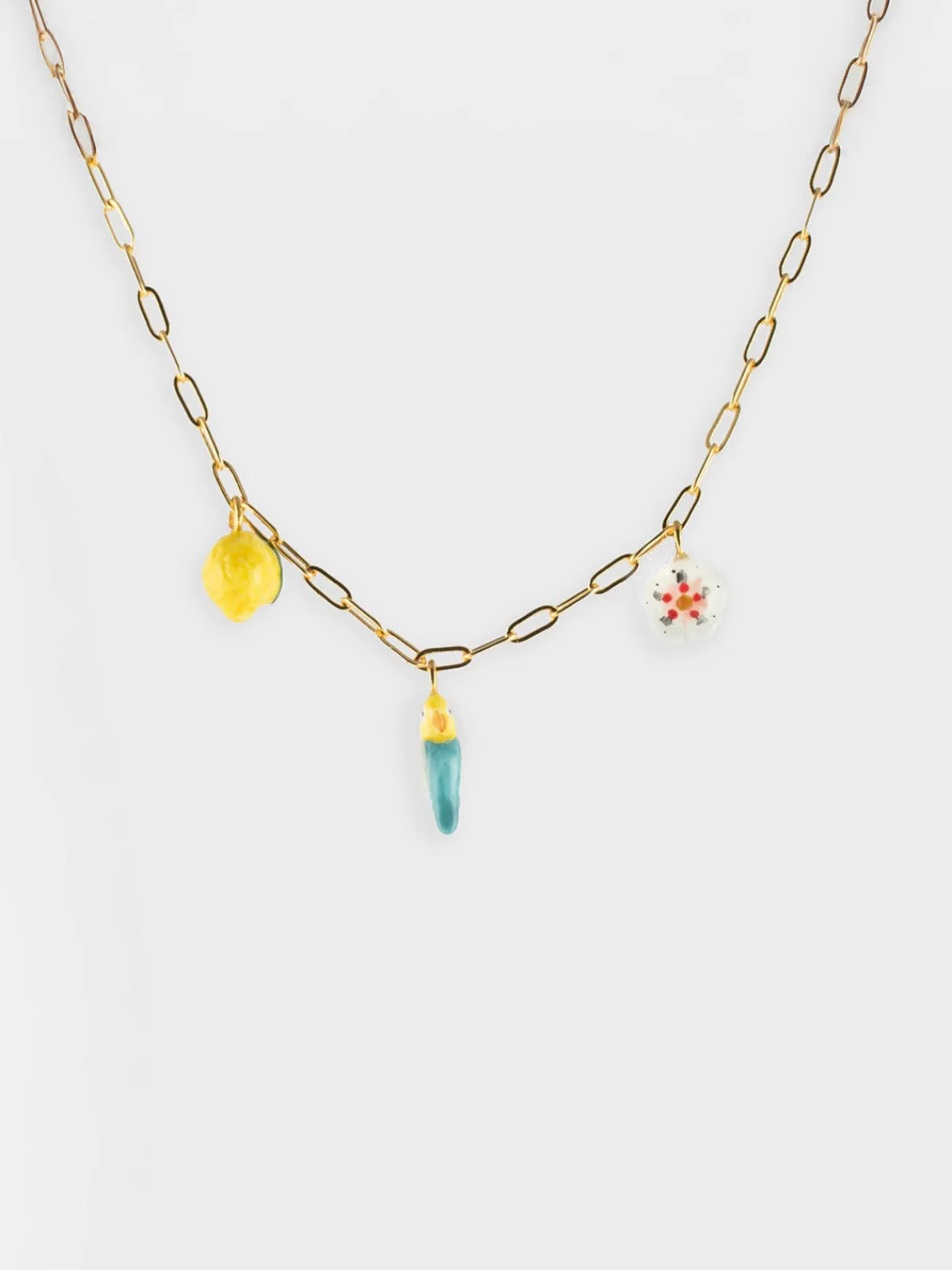 Blue parakeet, lemon and flower necklace>NACH BIJOUX Online