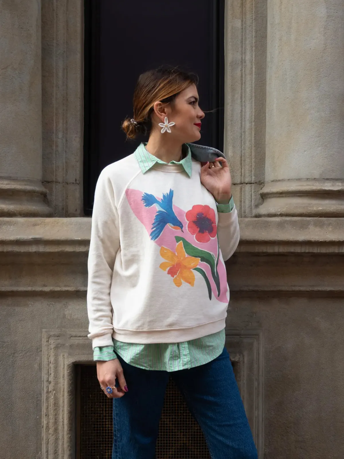 Blue Warbler and Flowers Bird Sweatshirt>NACH BIJOUX Clearance
