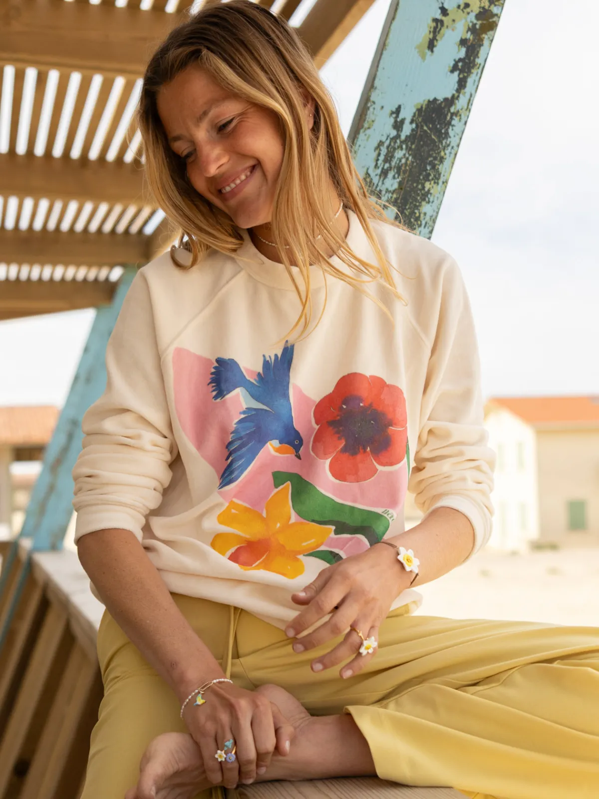 Blue Warbler and Flowers Bird Sweatshirt>NACH BIJOUX Clearance