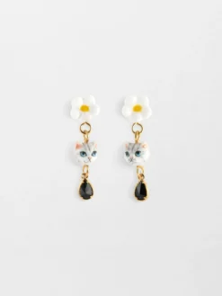 Boucles d'oreilles chat tabby et fleur avec pampille>NACH BIJOUX Online