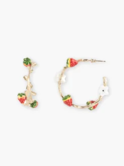 Boucles d'oreilles créoles branche fraises et fleur>NACH BIJOUX Online