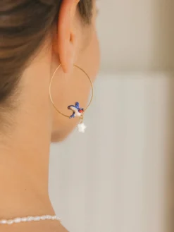 Boucles d'oreilles créoles hirondelle et fleur>NACH BIJOUX Discount