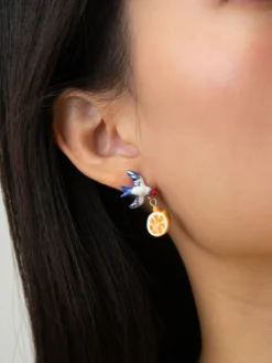 Boucles d'oreilles hirondelle, orange et fleur><noscript><img width=