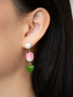 Boucles d’oreilles pendante perle, tulipe et cœur>NACH BIJOUX Sale