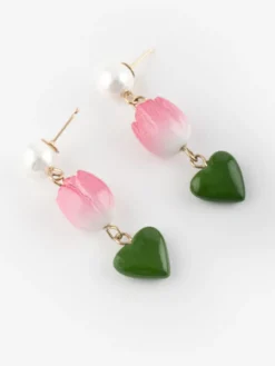 Boucles d’oreilles pendante perle, tulipe et cœur><noscript><img width=