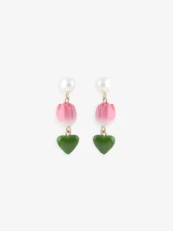 Boucles d’oreilles pendante perle, tulipe et cœur><noscript><img width=