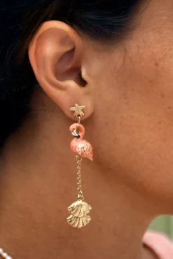 Boucles d'oreilles pendantes flamant rose et coquillages>NACH BIJOUX Clearance