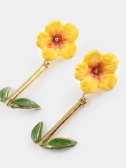 Boucles d’oreilles pendantes hibiscus et feuilles><noscript><img width=
