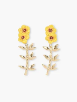Boucles d’oreilles pendantes double hibiscus et feuilles>NACH BIJOUX