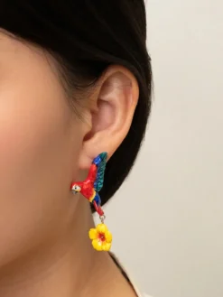 Boucles d’oreilles pendantes perroquet volant et hibiscus><noscript><img width=