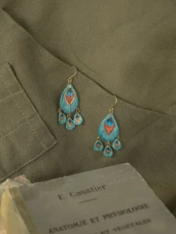 Boucles d'oreilles plume de paon et pampilles><noscript><img width=