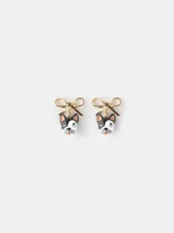 Boucles d'oreilles puces - chien Bulldog Français et nœud>NACH BIJOUX Discount