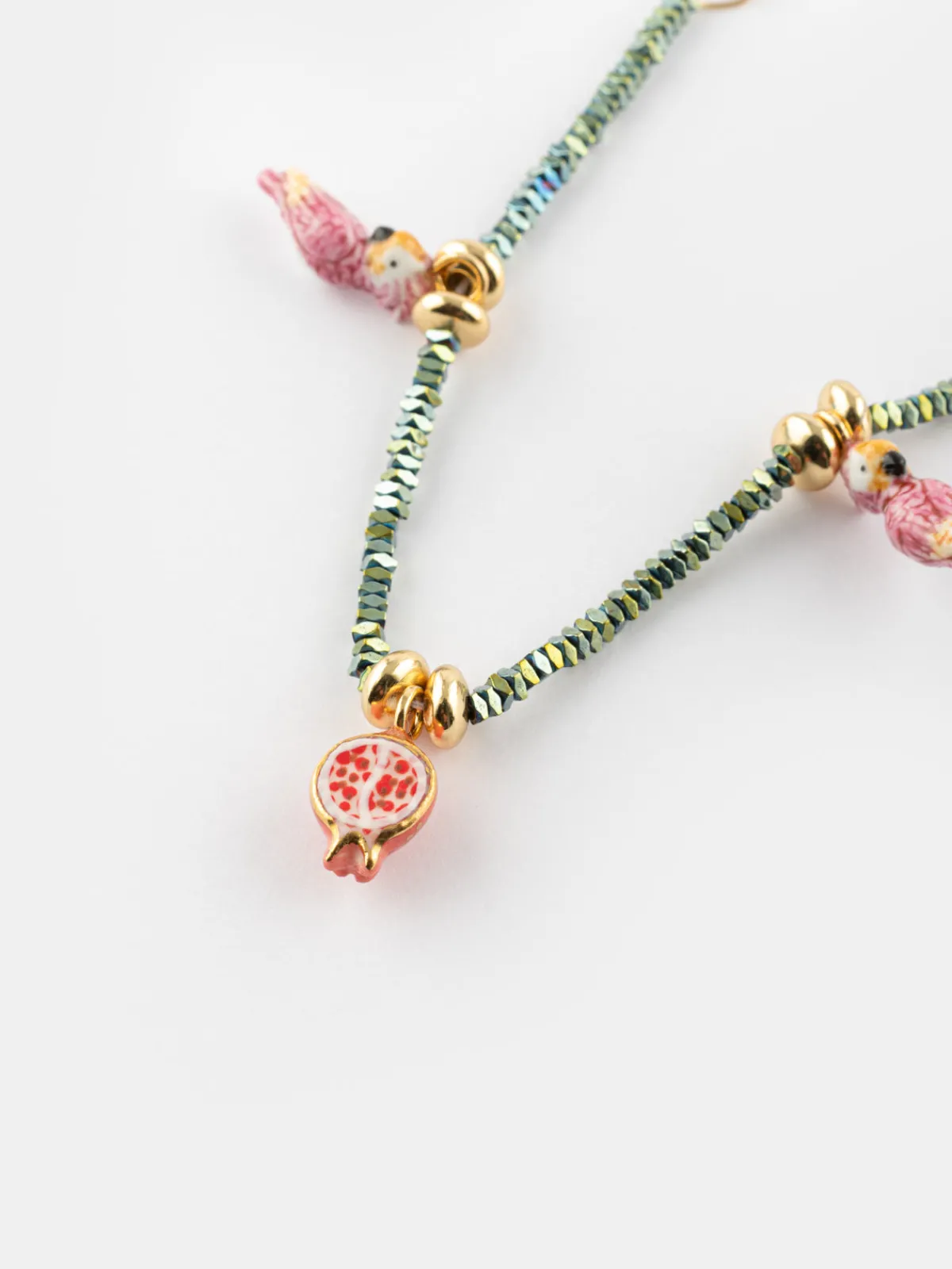 Hematite bead necklace with parakeets and pomegranates>NACH BIJOUX Hot