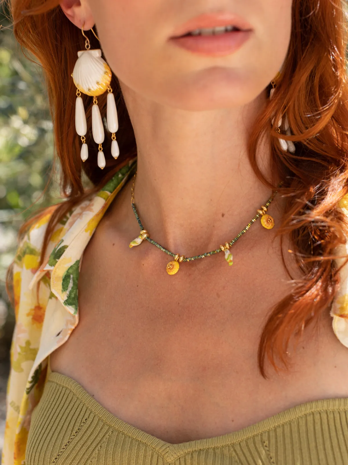 Hematite bead necklace with parakeets and dandelions>NACH BIJOUX Outlet