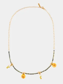 Hematite bead necklace with parakeets and dandelions><noscript><img width=