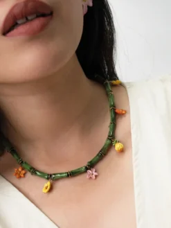 Tropical and bamboo multi-beaded necklace><noscript><img width=